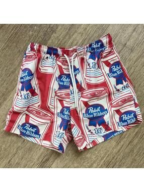 Pabst Blue Ribbon Print Swim Trunks with Mesh Lining